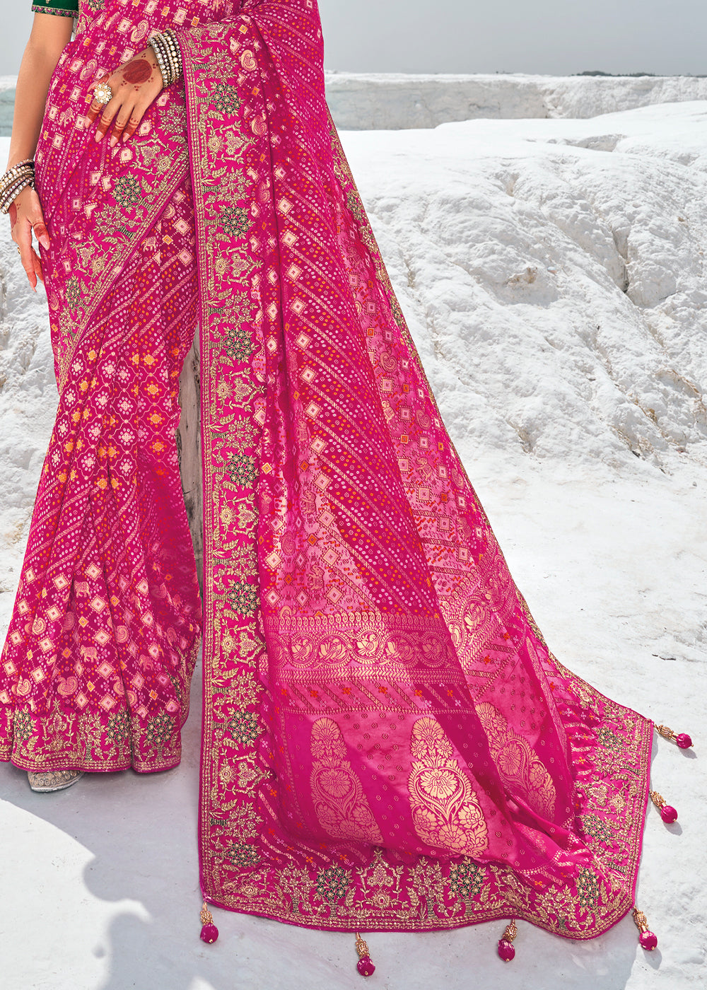 Strawberry Pink Georgette Silk Saree Featuring Zari Weave, Bandhani, and Patola Design