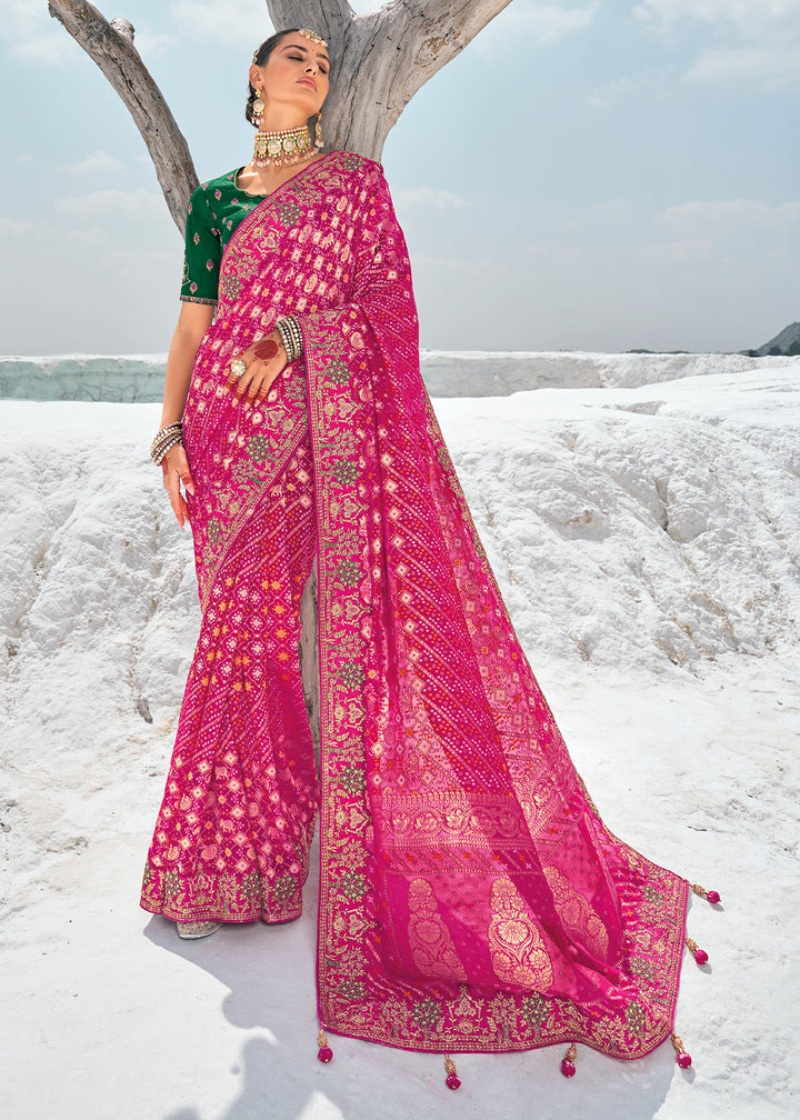 Strawberry Pink Georgette Silk Saree Featuring Zari Weave, Bandhani, and Patola Design