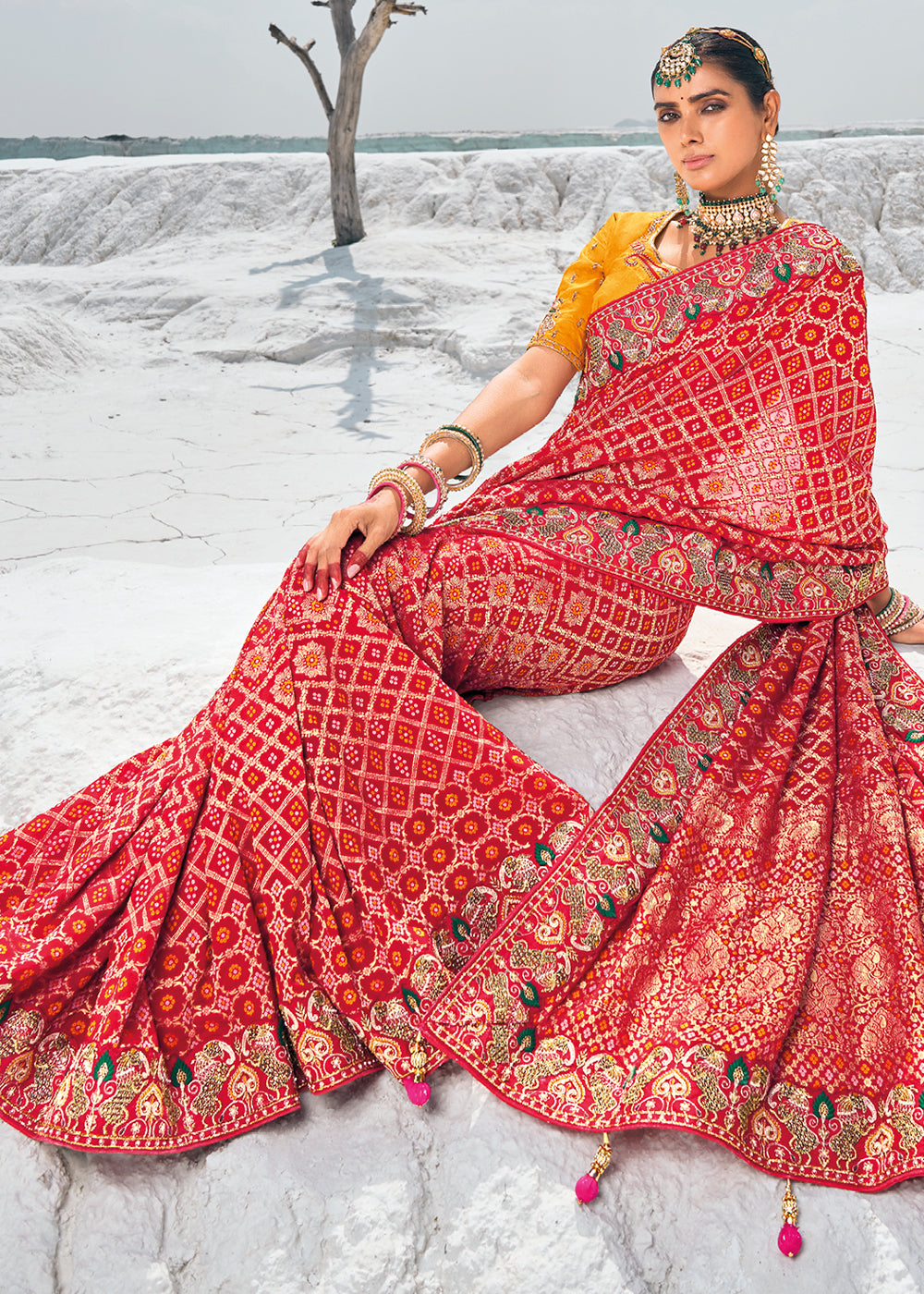 Watermelon Red Georgette Silk Saree Featuring Zari Weave, Bandhani, and Patola Design