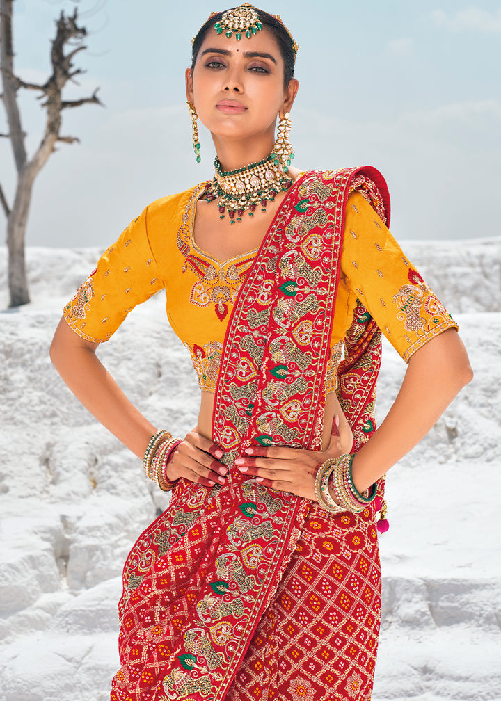 Watermelon Red Georgette Silk Saree Featuring Zari Weave, Bandhani, and Patola Design