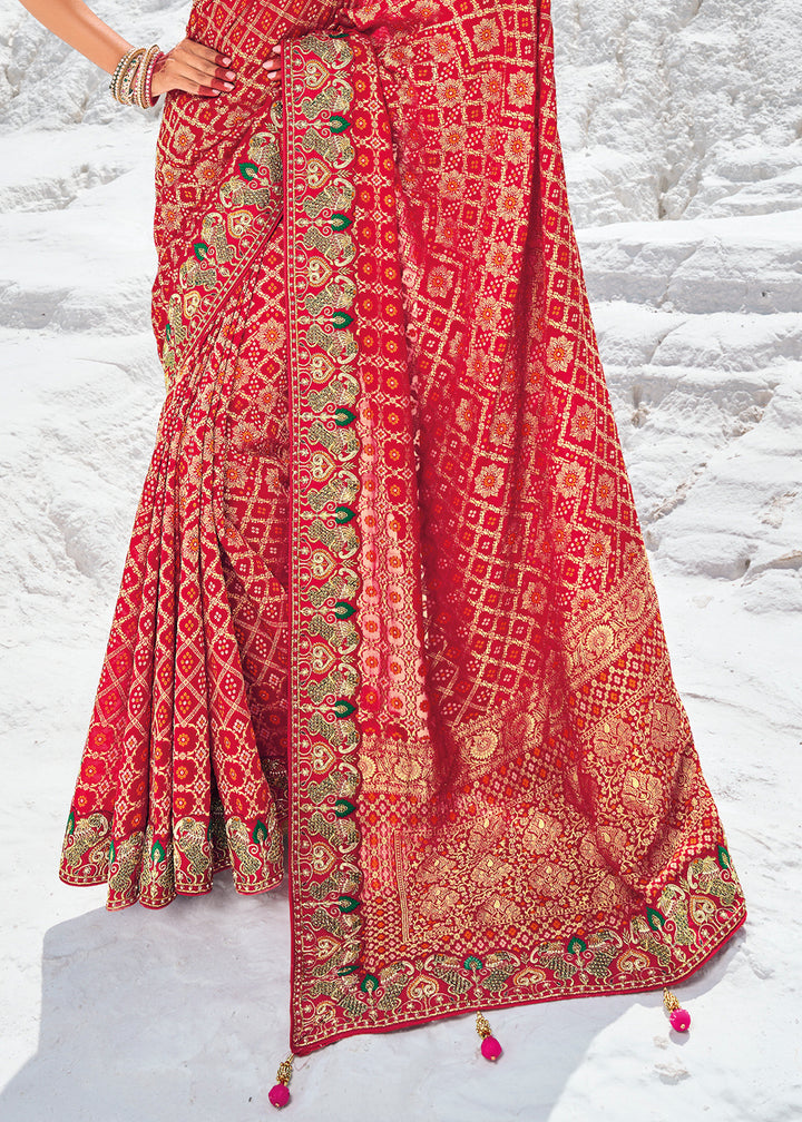 Watermelon Red Georgette Silk Saree Featuring Zari Weave, Bandhani, and Patola Design