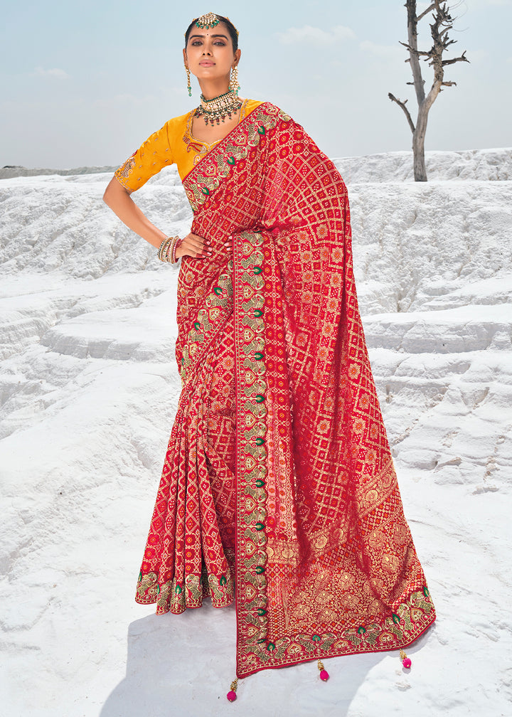 Watermelon Red Georgette Silk Saree Featuring Zari Weave, Bandhani, and Patola Design