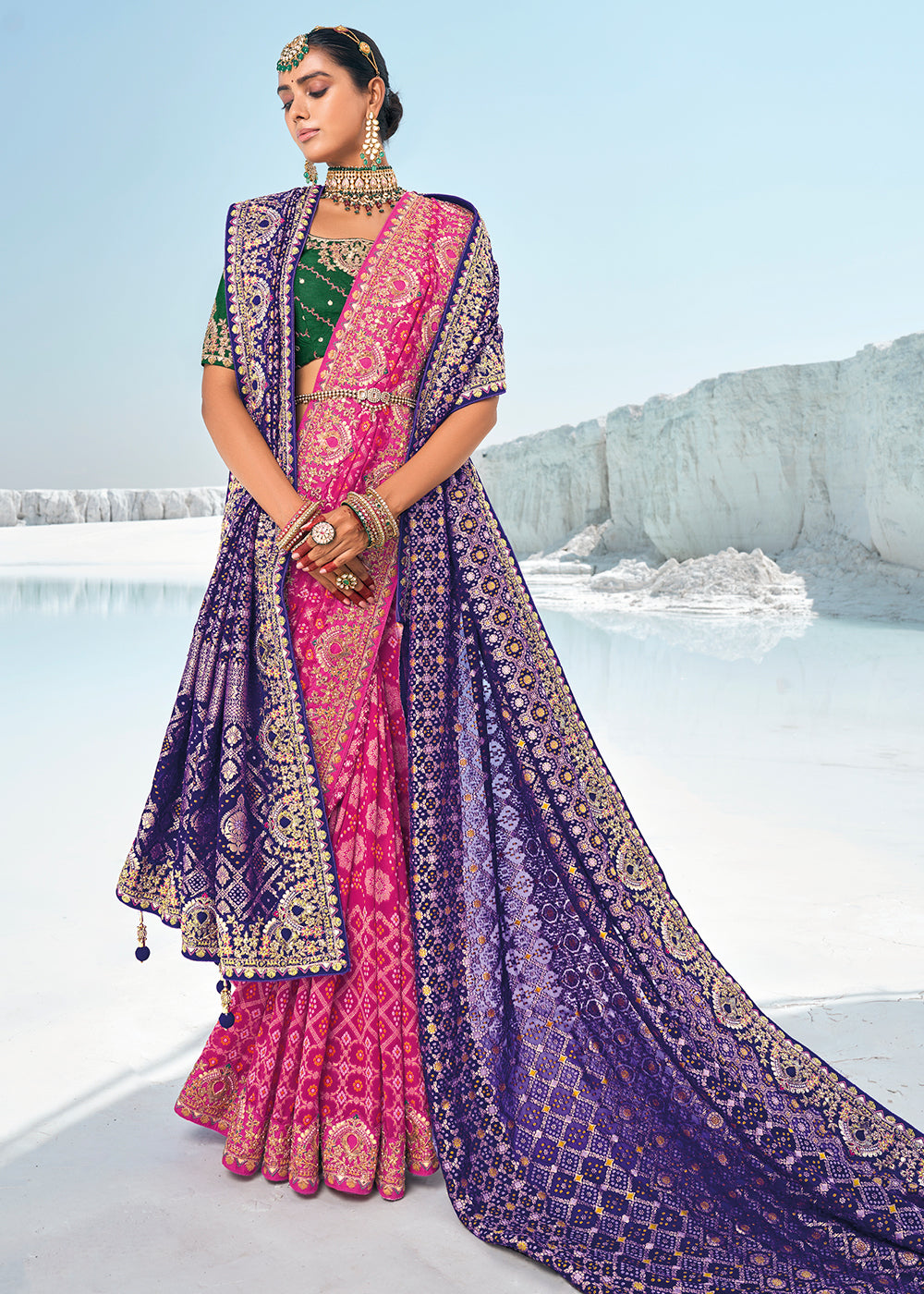 Magenta Pink Georgette Silk Saree Featuring Zari Weave, Bandhani, and Patola Design