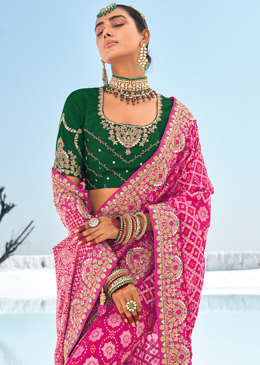 Magenta Pink Georgette Silk Saree Featuring Zari Weave, Bandhani, and Patola Design