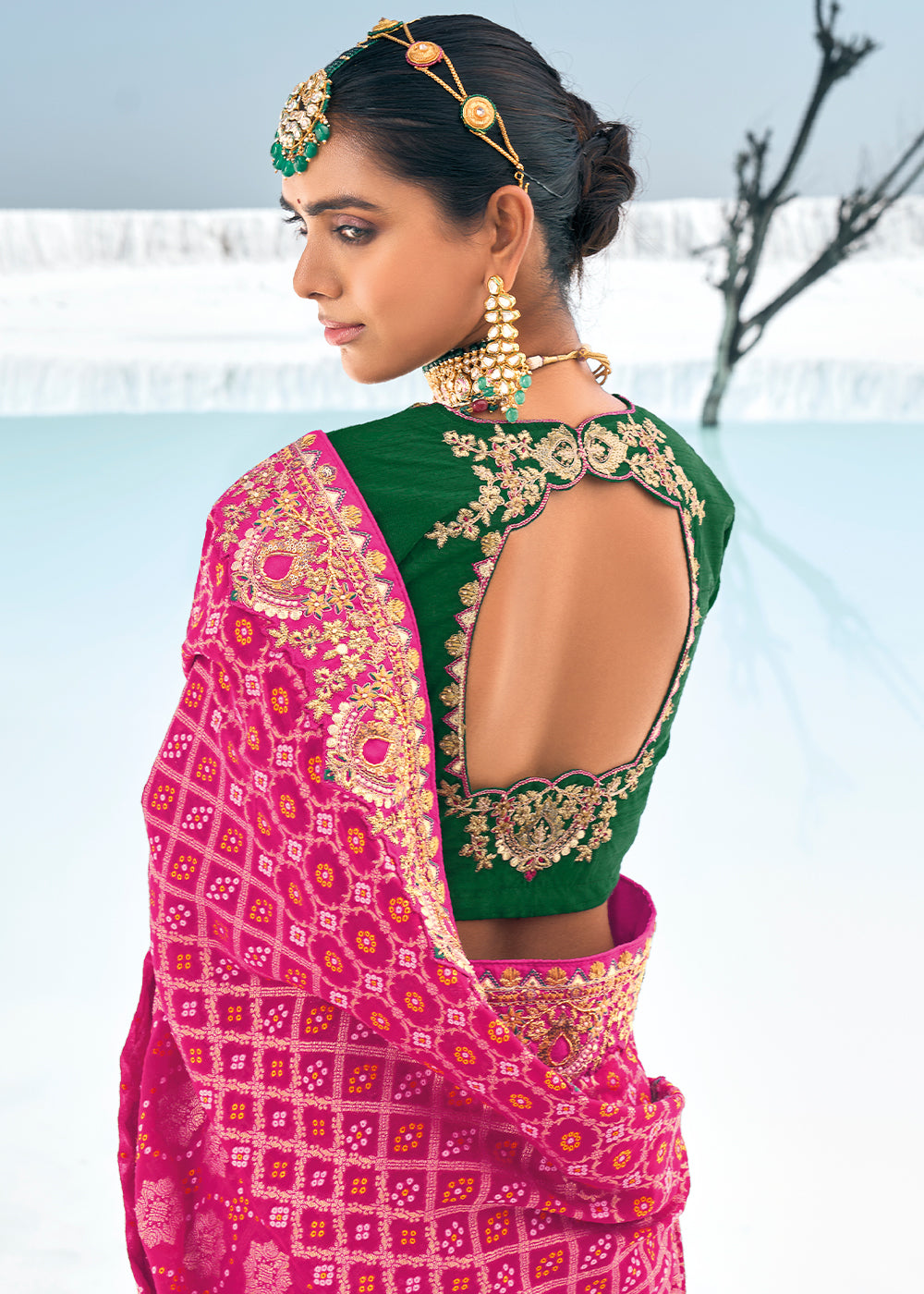 Magenta Pink Georgette Silk Saree Featuring Zari Weave, Bandhani, and Patola Design