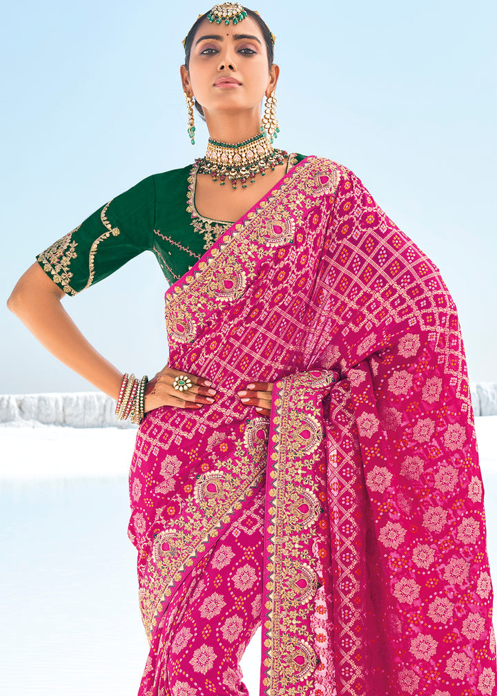 Magenta Pink Georgette Silk Saree Featuring Zari Weave, Bandhani, and Patola Design