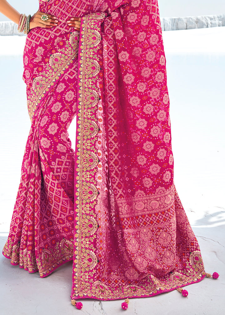 Magenta Pink Georgette Silk Saree Featuring Zari Weave, Bandhani, and Patola Design