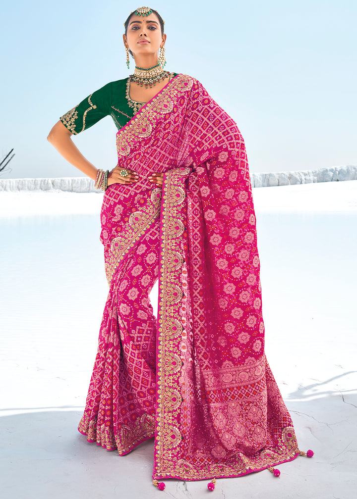 Magenta Pink Georgette Silk Saree Featuring Zari Weave, Bandhani, and Patola Design