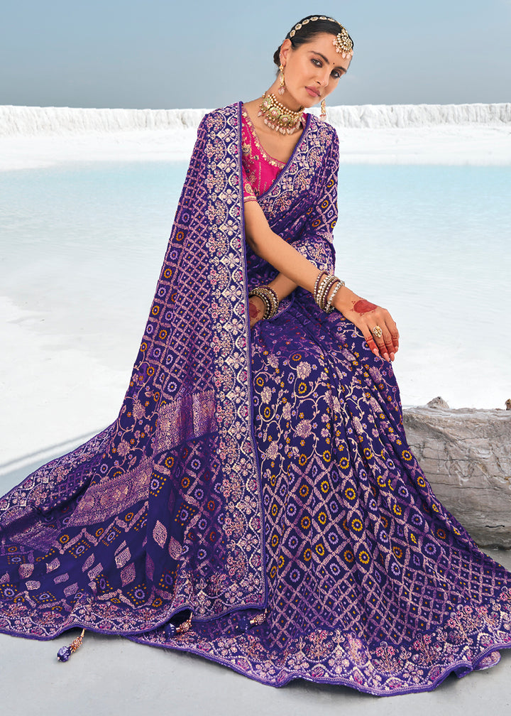 Grape Purple Georgette Silk Saree Featuring Zari Weave, Bandhani, and Patola Design