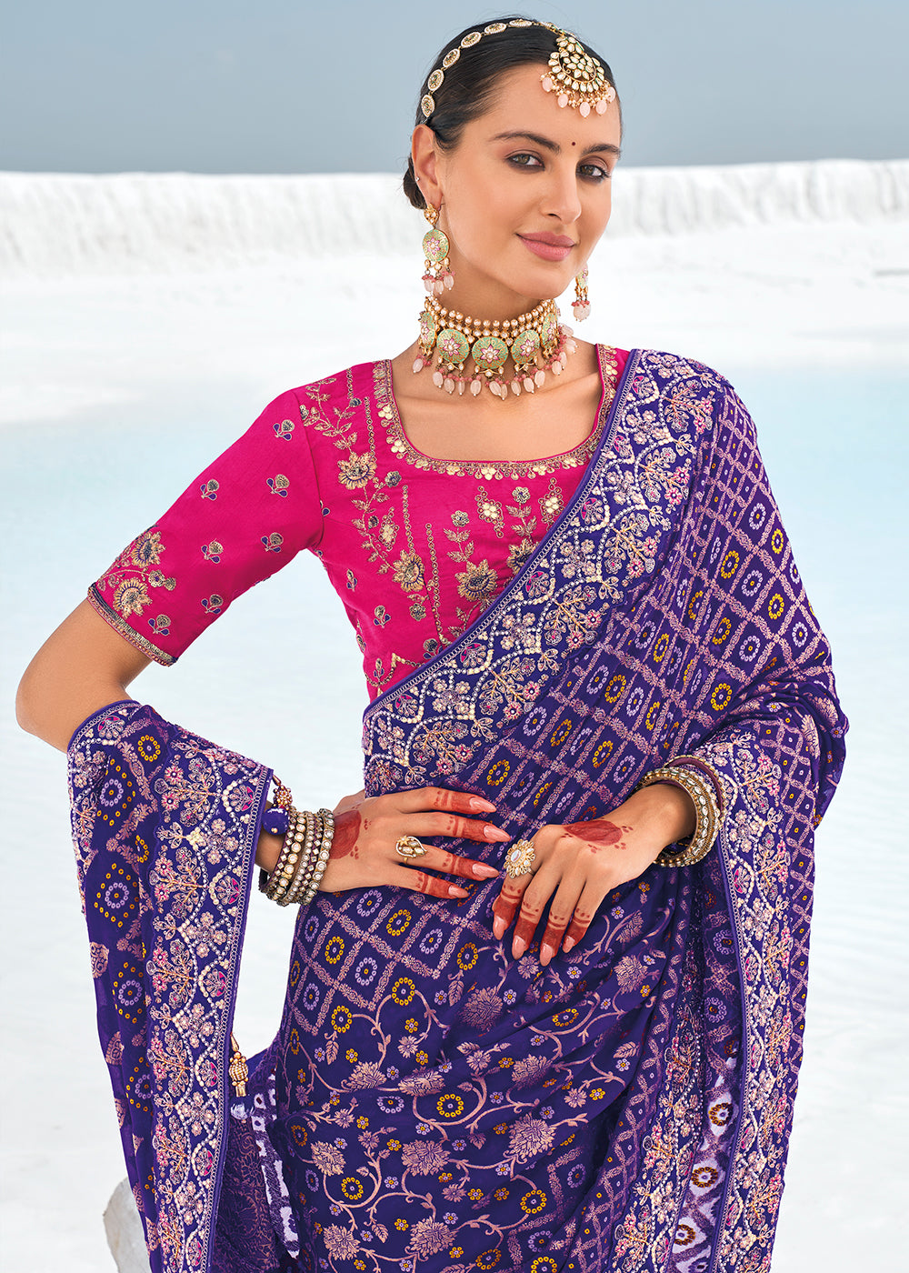 Grape Purple Georgette Silk Saree Featuring Zari Weave, Bandhani, and Patola Design