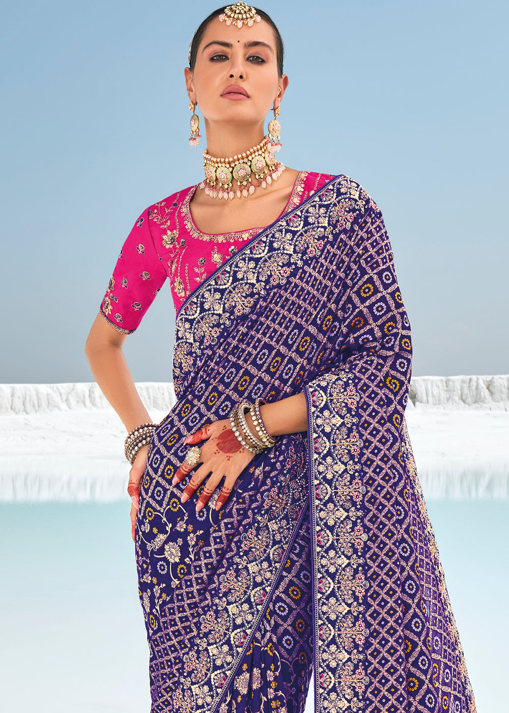 Grape Purple Georgette Silk Saree Featuring Zari Weave, Bandhani, and Patola Design