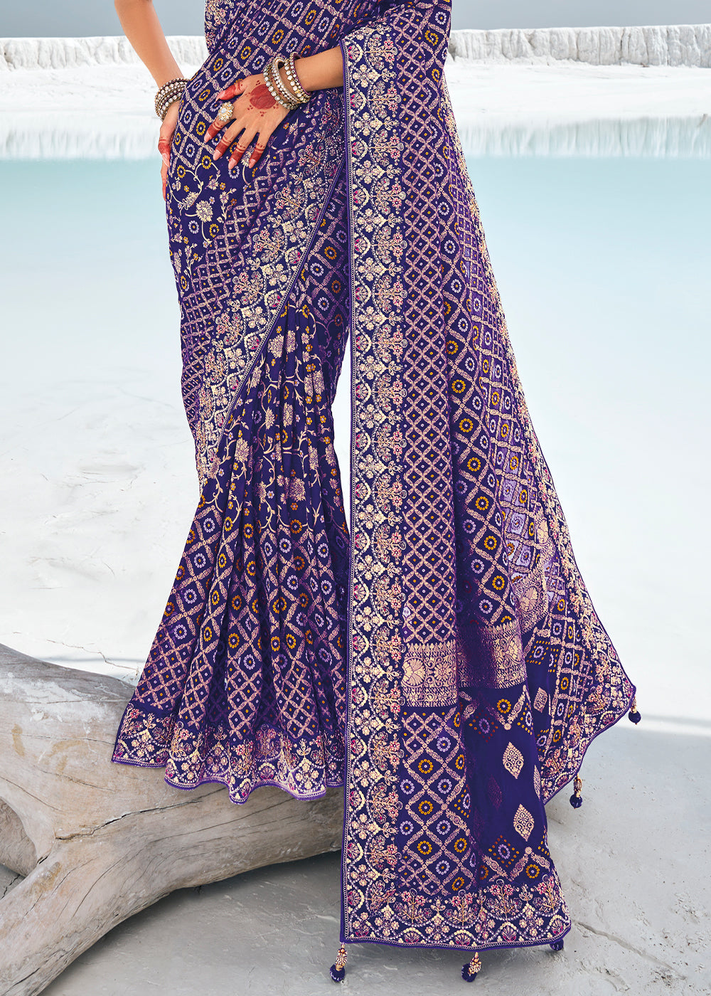 Grape Purple Georgette Silk Saree Featuring Zari Weave, Bandhani, and Patola Design