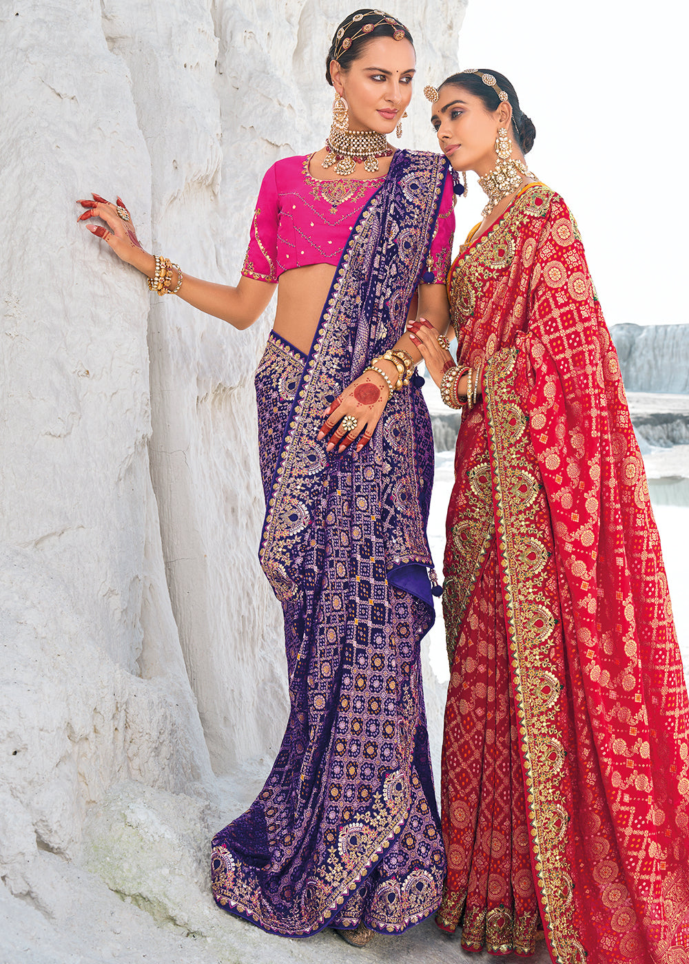 Grape Purple Georgette Silk Saree Featuring Zari Weave, Bandhani, and Patola Design