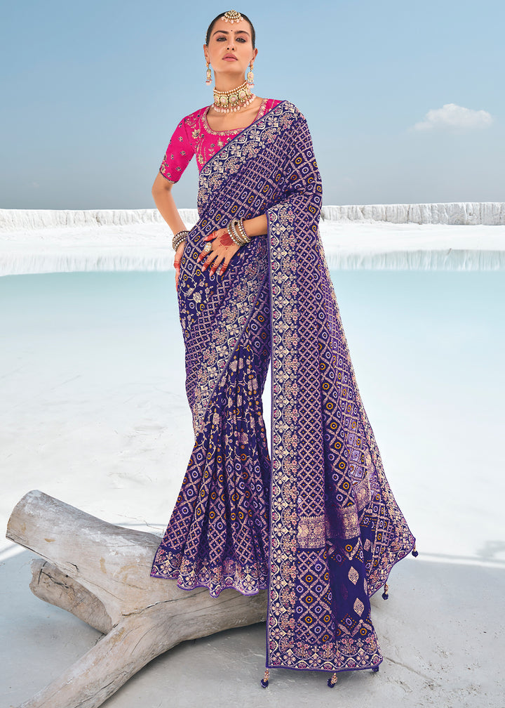 Grape Purple Georgette Silk Saree Featuring Zari Weave, Bandhani, and Patola Design