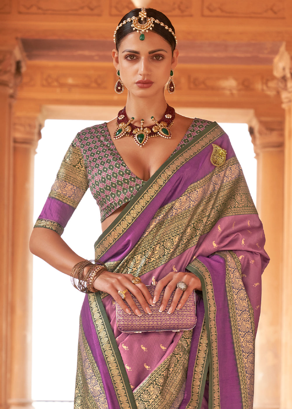 Shades Of Purple Zari Woven Silk Saree with All-Over Butti Pattern