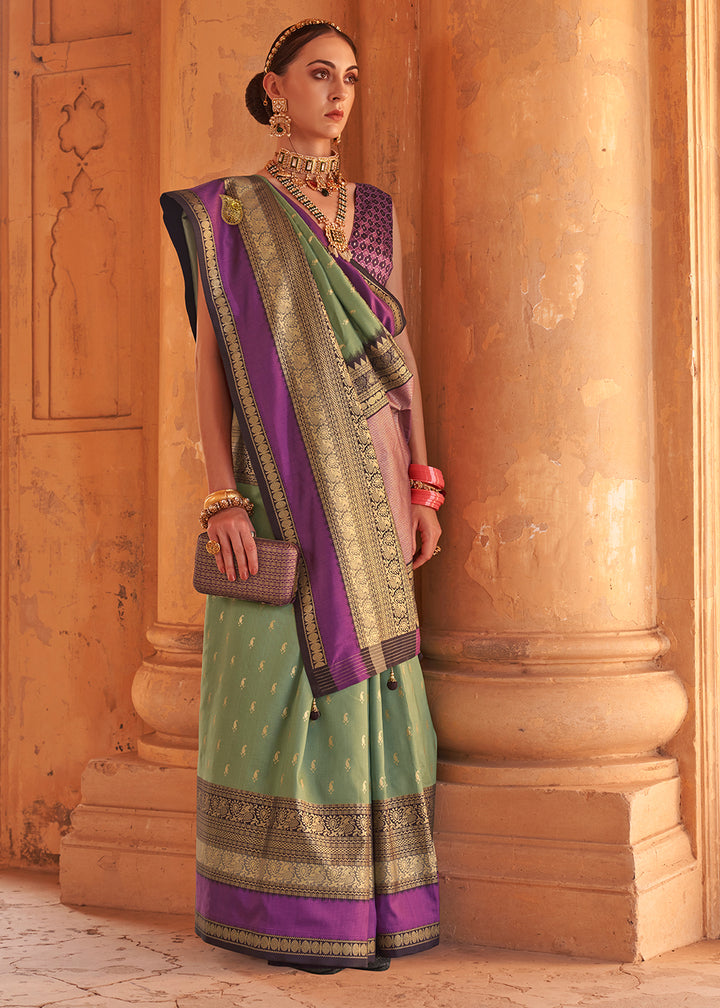 Mantis Green Zari Woven Silk Saree with All-Over Butti Pattern