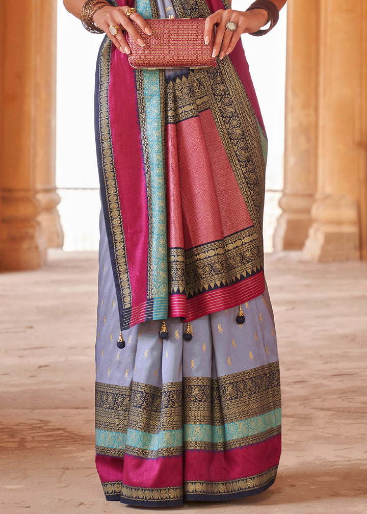 Dove Grey Zari Woven Silk Saree with All-Over Butti Pattern