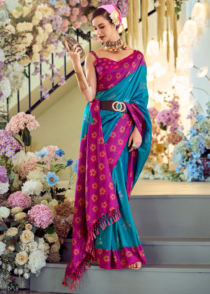 Sapphire Blue Soft Silk Saree Adorned with Ikkat Border