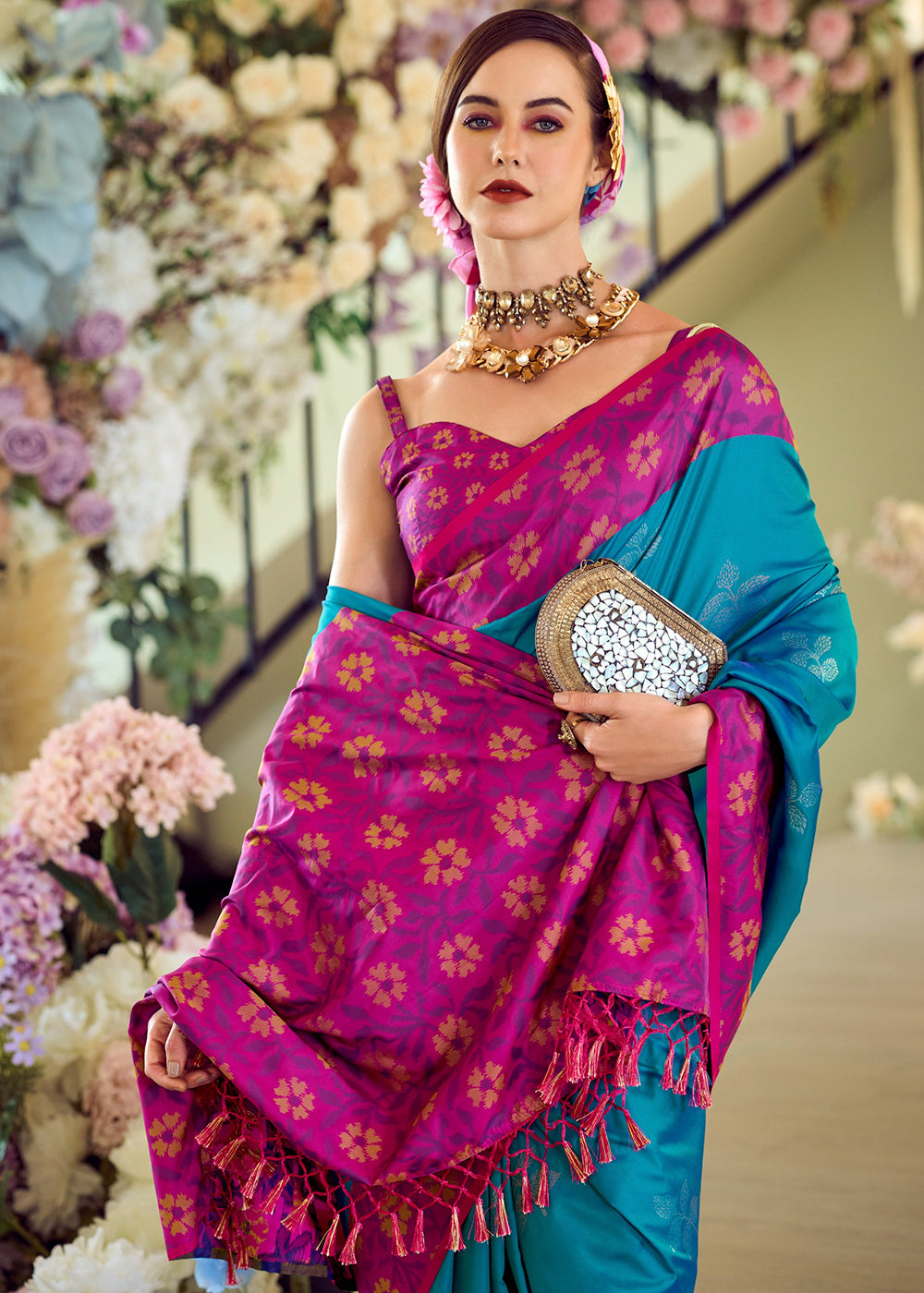 Sapphire Blue Soft Silk Saree Adorned with Ikkat Border