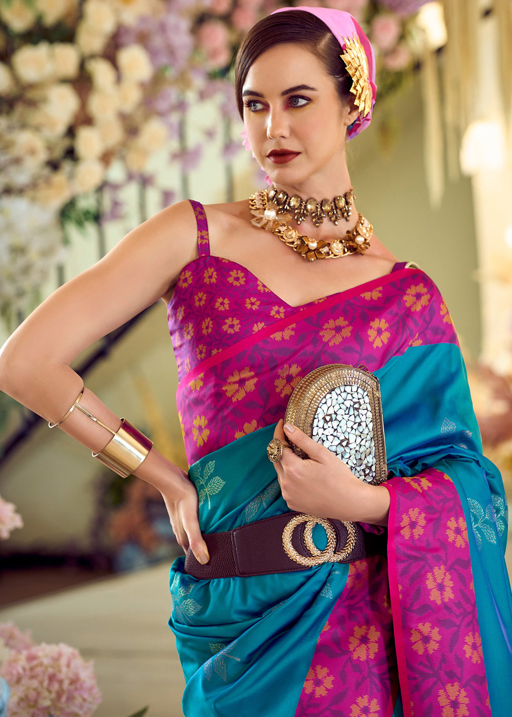 Sapphire Blue Soft Silk Saree Adorned with Ikkat Border