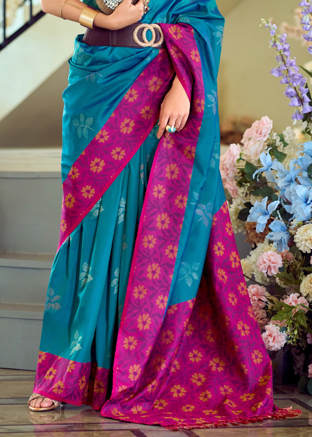 Sapphire Blue Soft Silk Saree Adorned with Ikkat Border