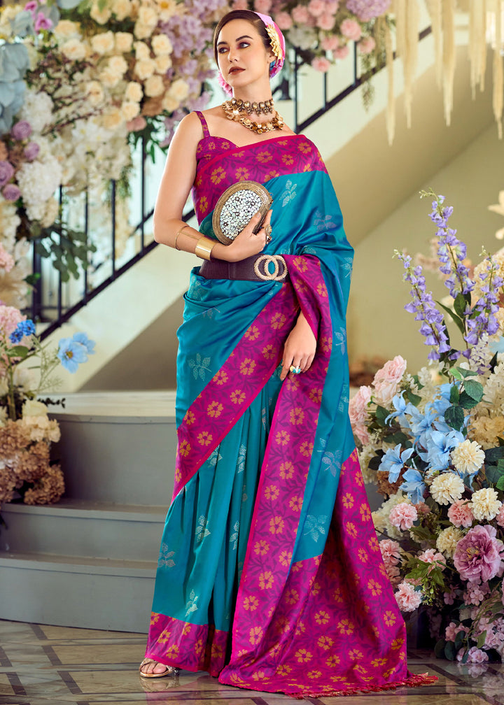 Sapphire Blue Soft Silk Saree Adorned with Ikkat Border