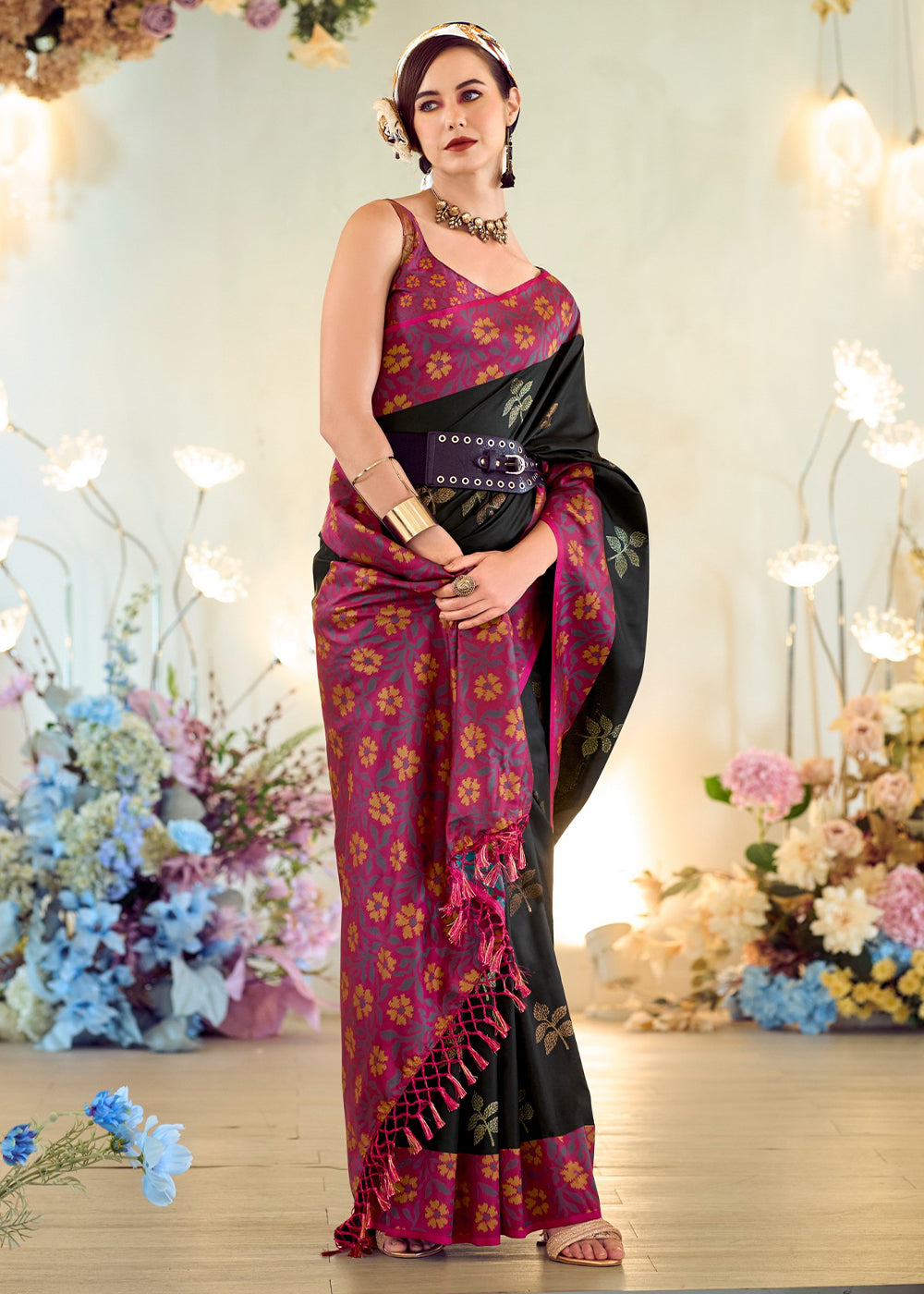 Pitch Black Soft Silk Saree Adorned with Ikkat Border