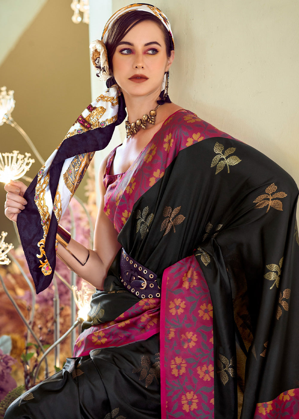 Pitch Black Soft Silk Saree Adorned with Ikkat Border