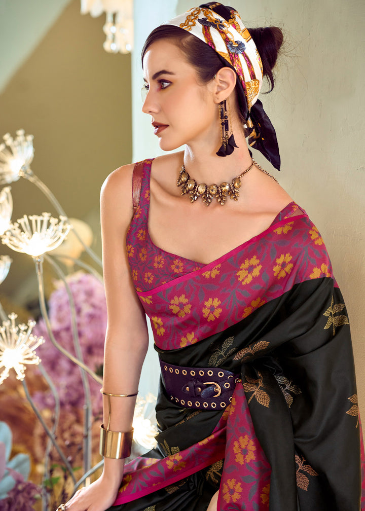 Pitch Black Soft Silk Saree Adorned with Ikkat Border