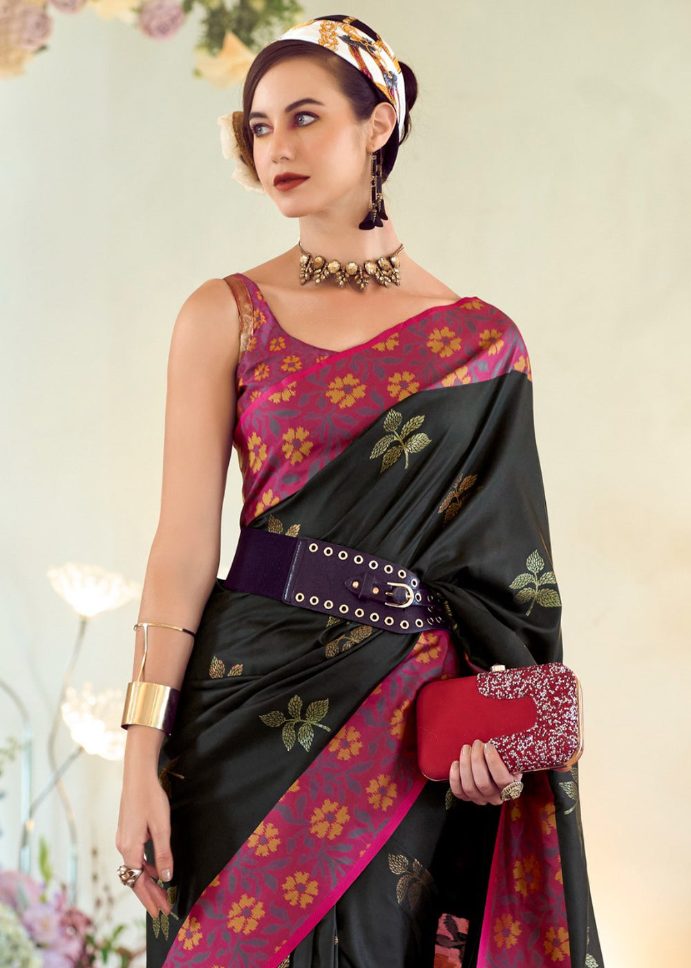 Pitch Black Soft Silk Saree Adorned with Ikkat Border