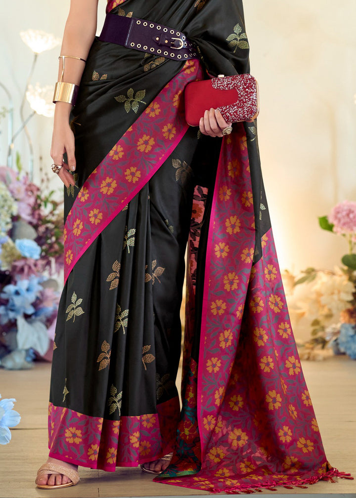 Pitch Black Soft Silk Saree Adorned with Ikkat Border