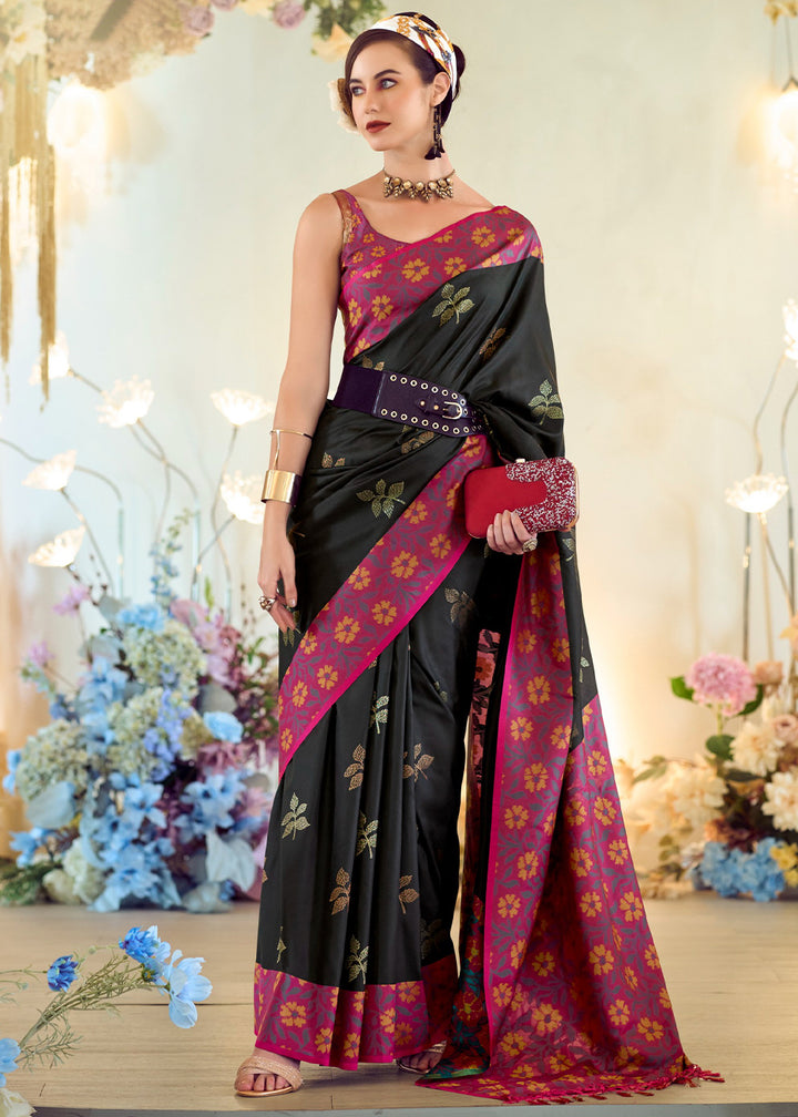 Pitch Black Soft Silk Saree Adorned with Ikkat Border