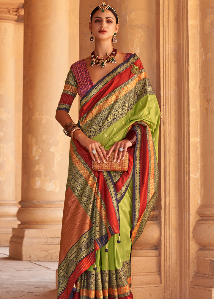 Olive Green Zari Woven Silk Saree with All-Over Butti Pattern