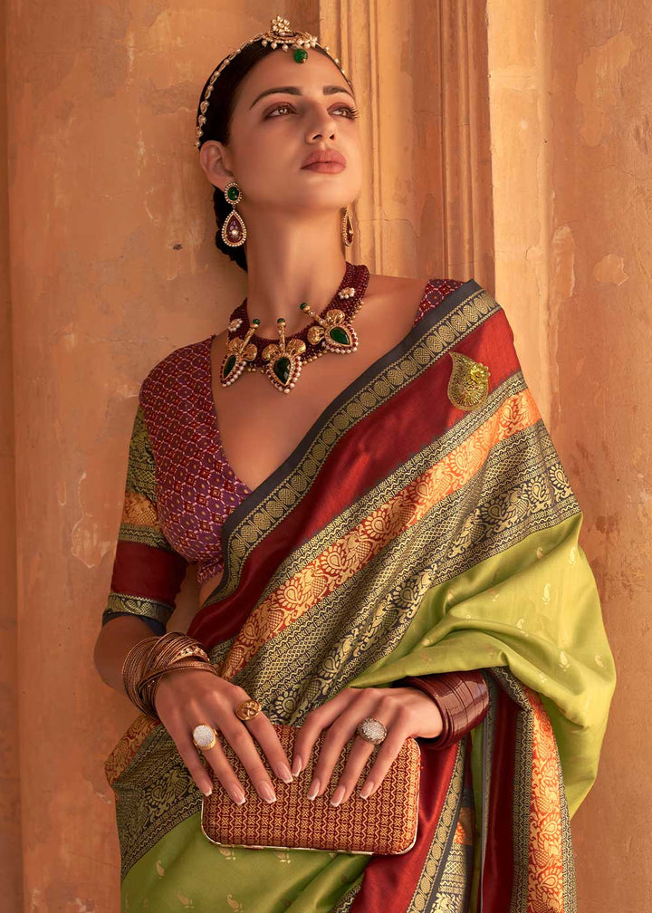 Olive Green Zari Woven Silk Saree with All-Over Butti Pattern