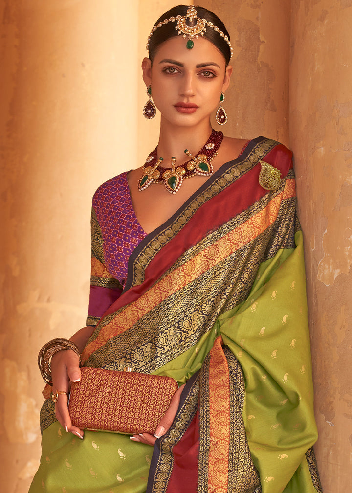 Olive Green Zari Woven Silk Saree with All-Over Butti Pattern