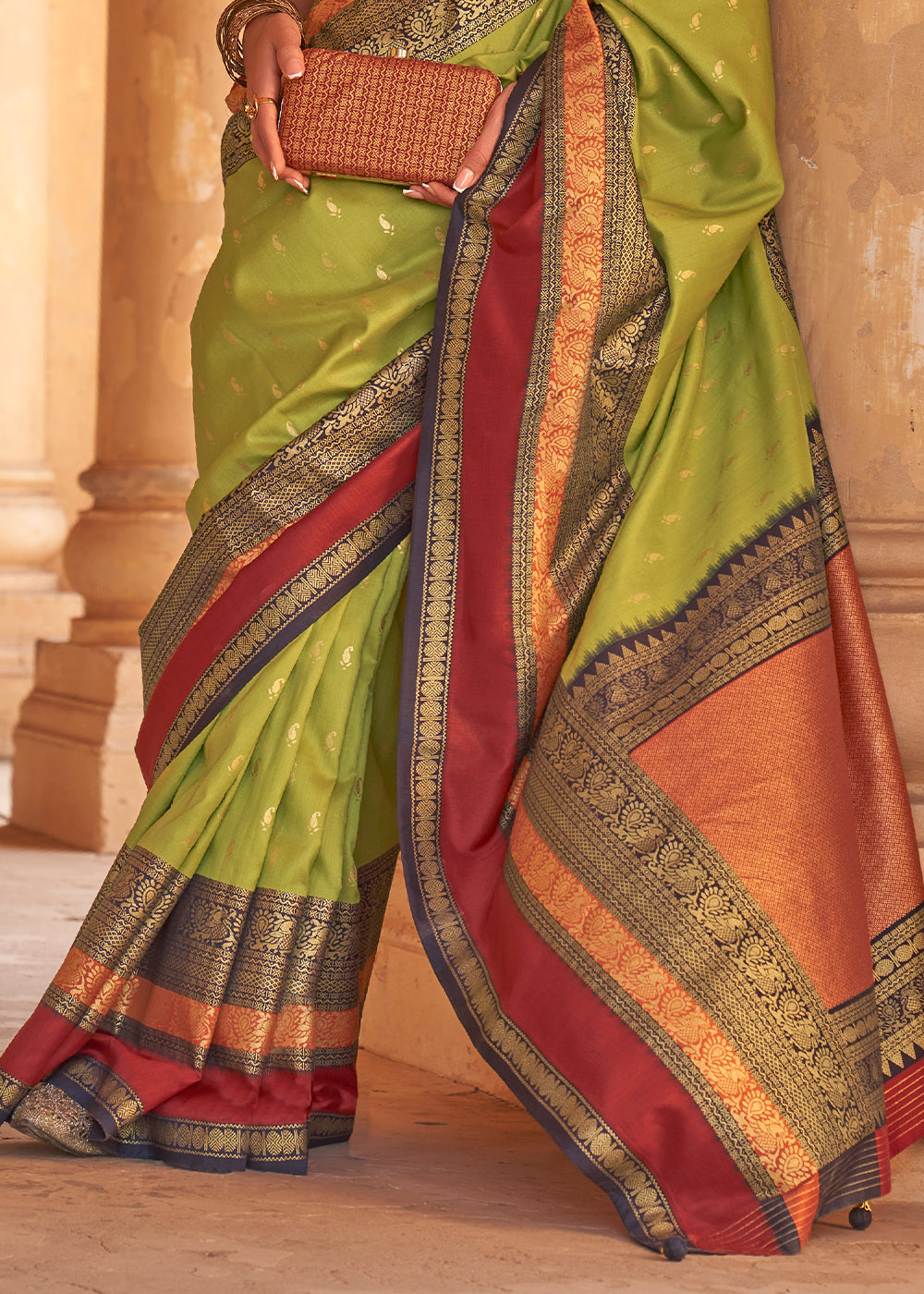 Olive Green Zari Woven Silk Saree with All-Over Butti Pattern