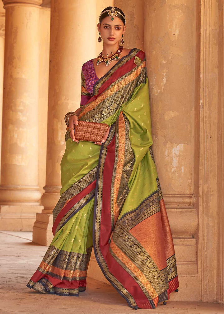 Olive Green Zari Woven Silk Saree with All-Over Butti Pattern