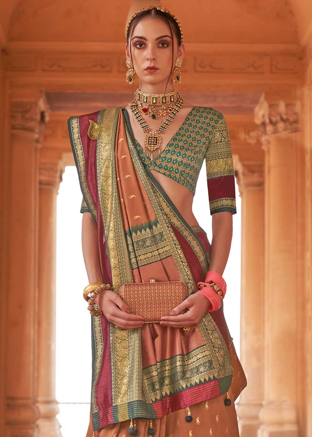 Bronze Orange Zari Woven Silk Saree with All-Over Butti Pattern