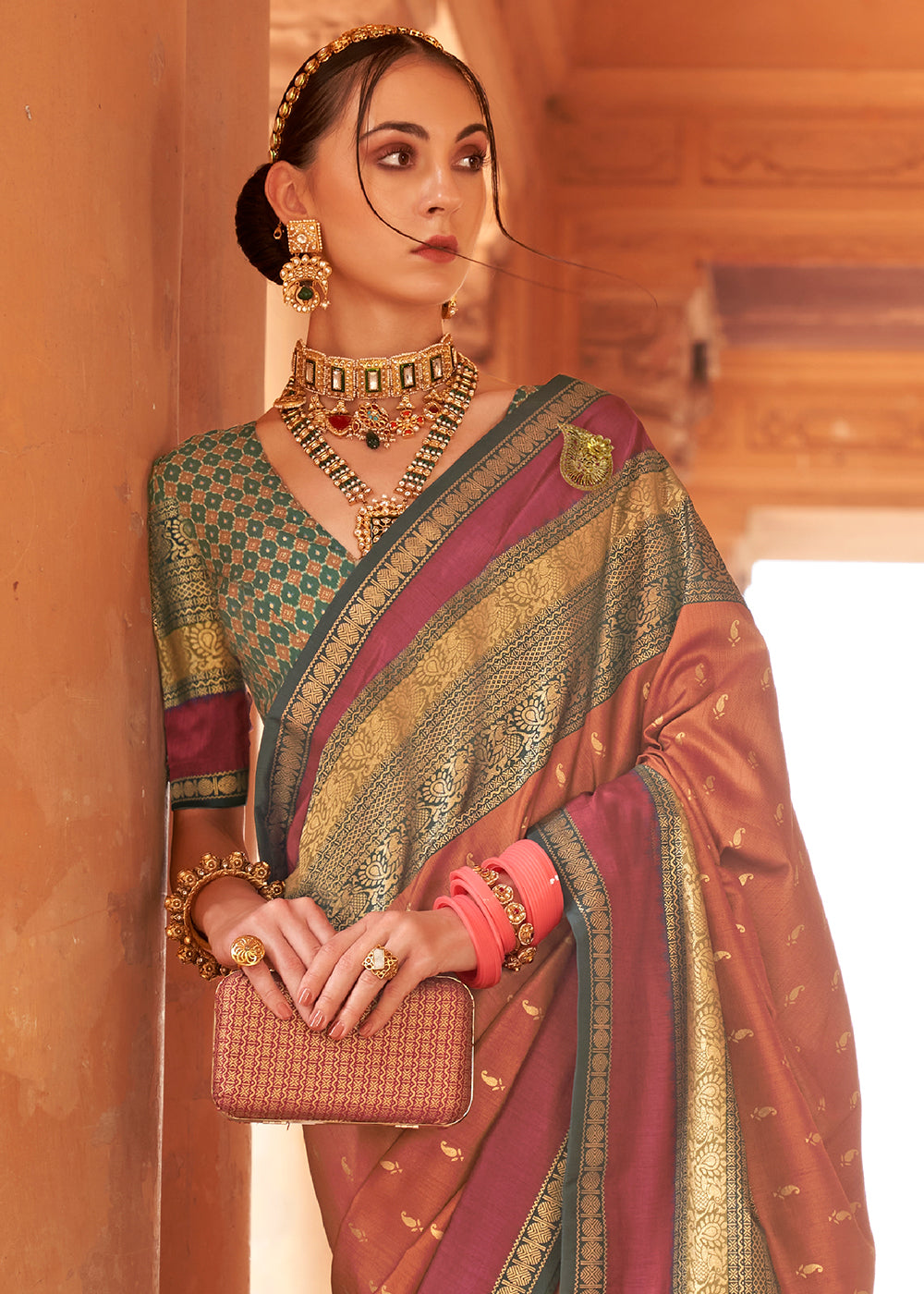 Bronze Orange Zari Woven Silk Saree with All-Over Butti Pattern