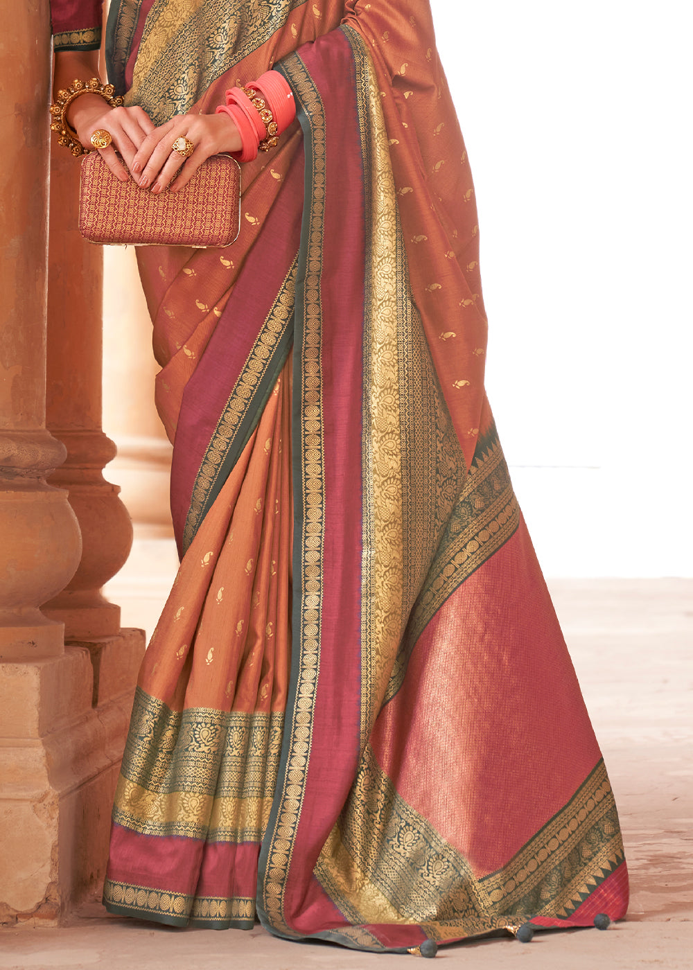 Bronze Orange Zari Woven Silk Saree with All-Over Butti Pattern