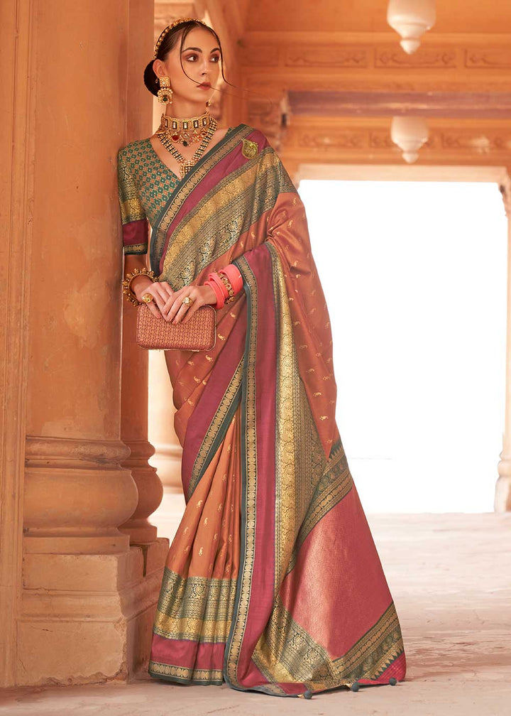 Bronze Orange Zari Woven Silk Saree with All-Over Butti Pattern