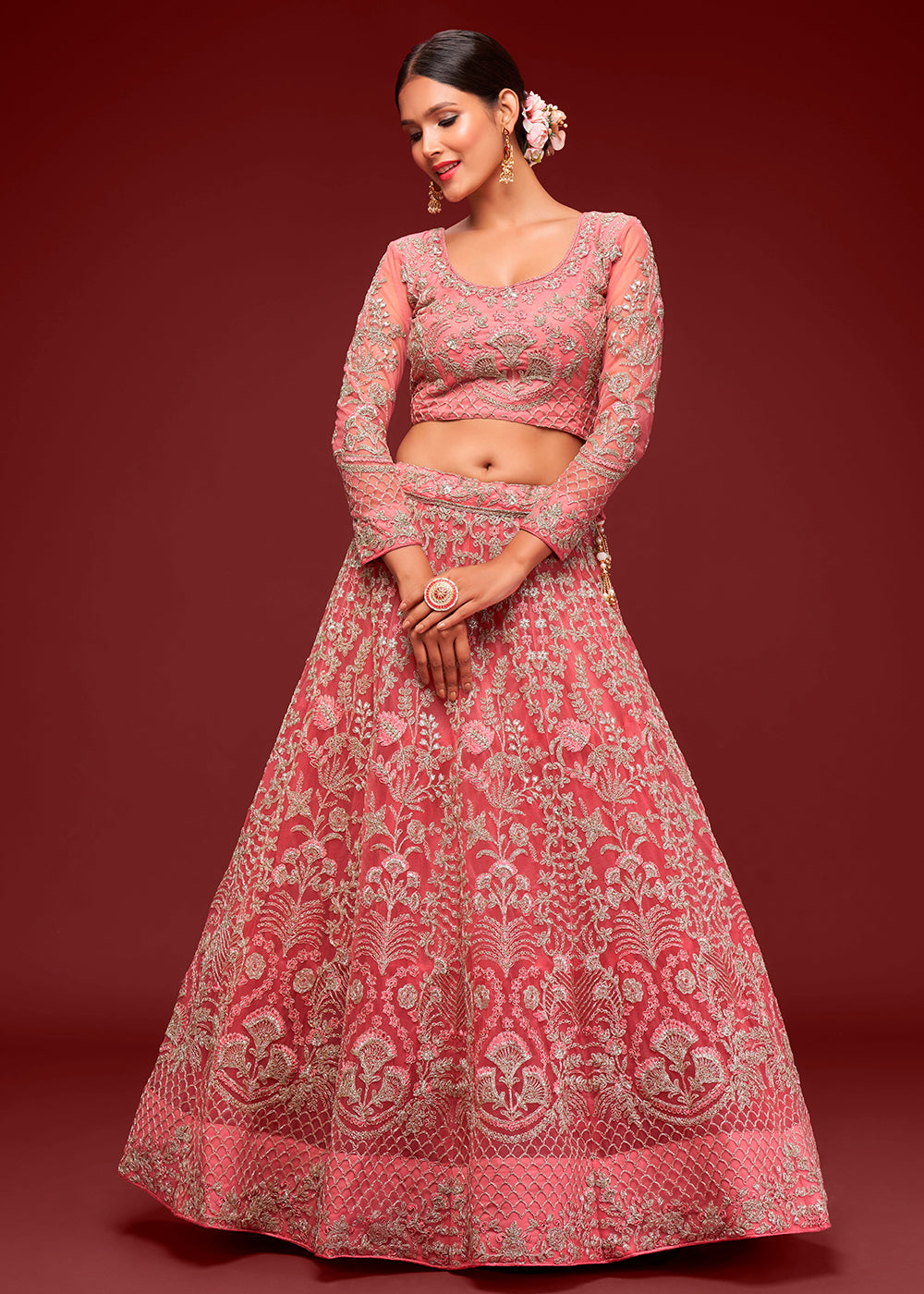 Fantasy Rose Pink Soft Net Lehenga Choli with Thread, Zari & Badla work