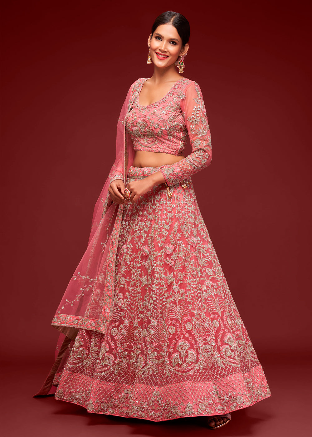 Fantasy Rose Pink Soft Net Lehenga Choli with Thread, Zari & Badla work