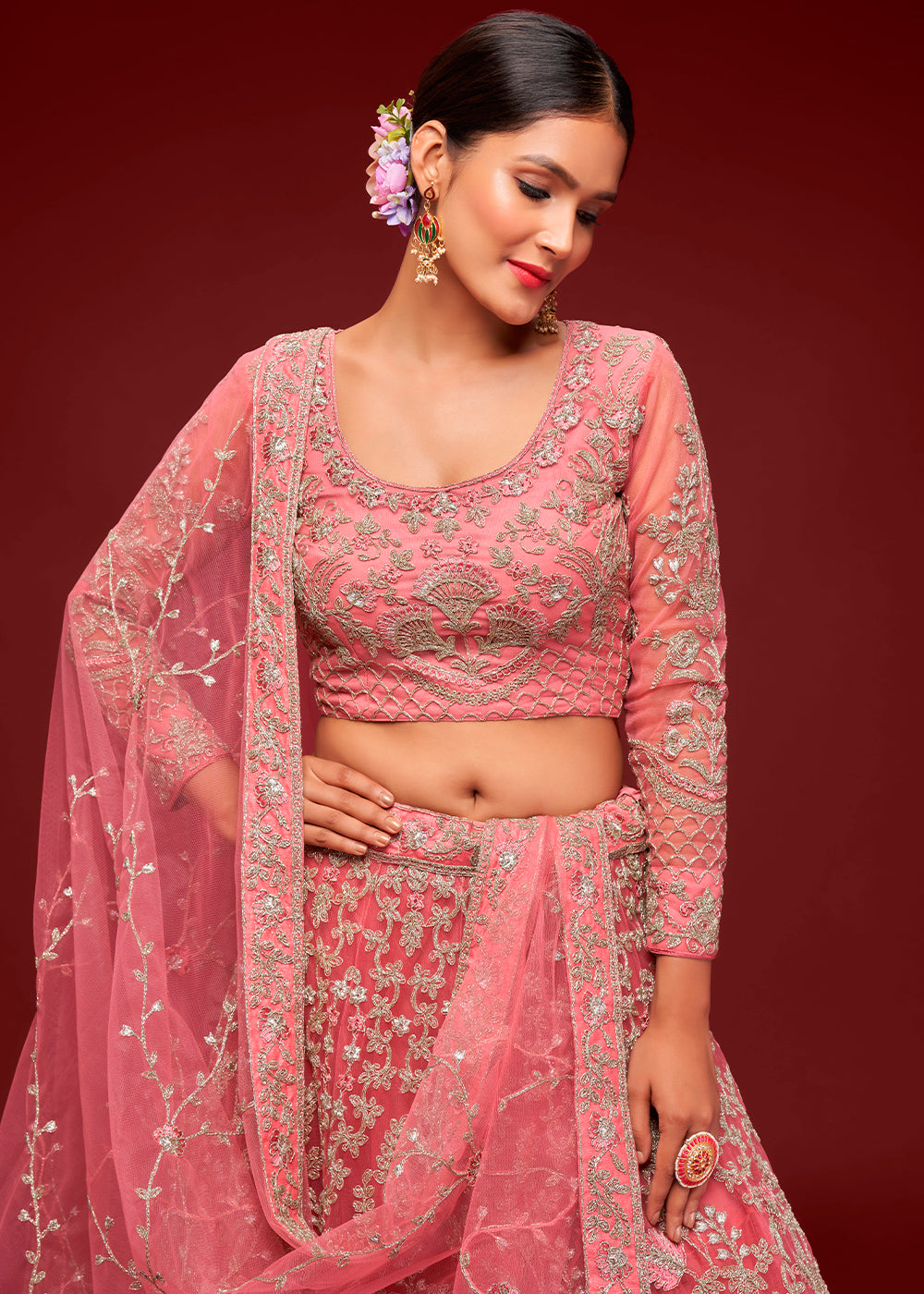 Fantasy Rose Pink Soft Net Lehenga Choli with Thread, Zari & Badla work