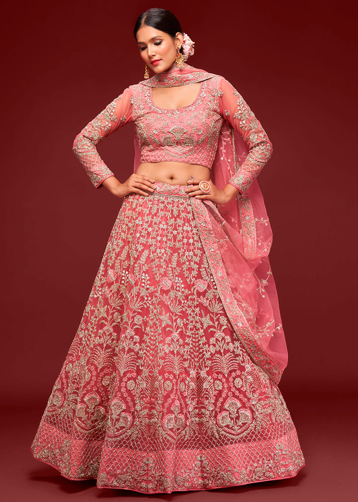 Fantasy Rose Pink Soft Net Lehenga Choli with Thread, Zari & Badla work