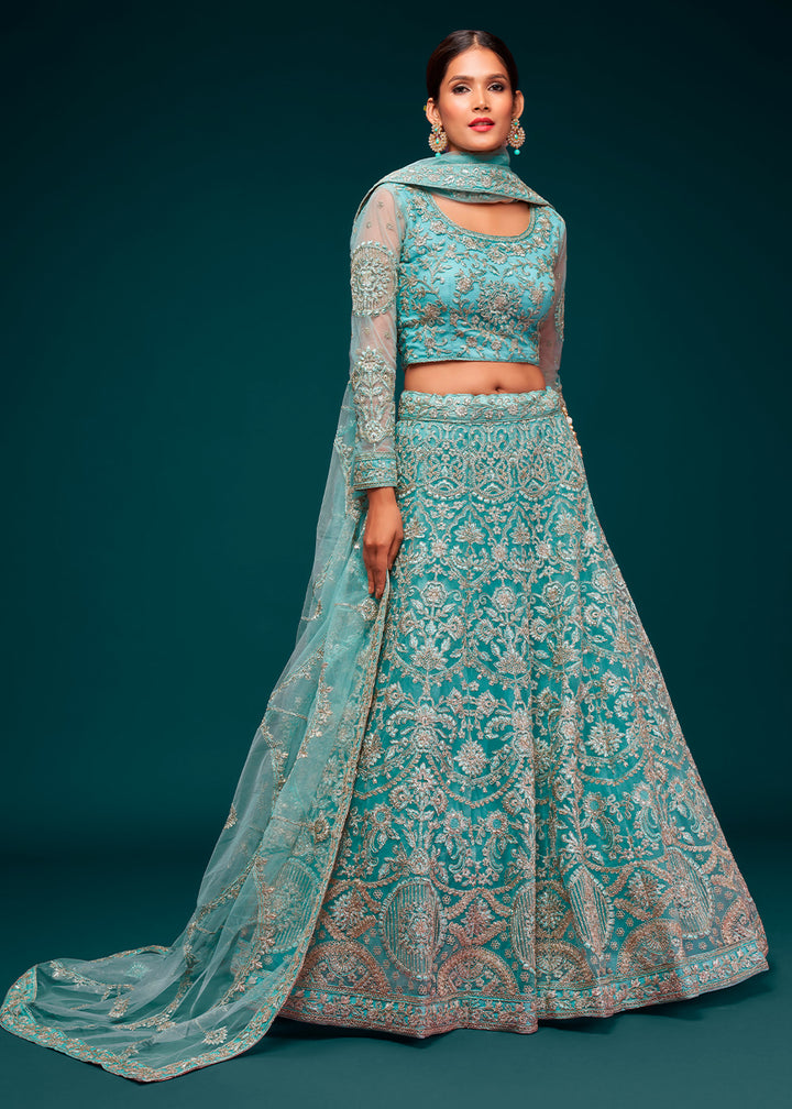 Pacific Blue Soft Net Lehenga Choli with Thread, Zari & Badla work