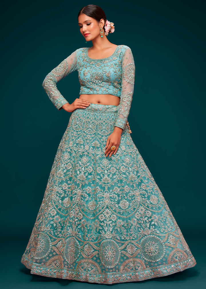 Pacific Blue Soft Net Lehenga Choli with Thread, Zari & Badla work