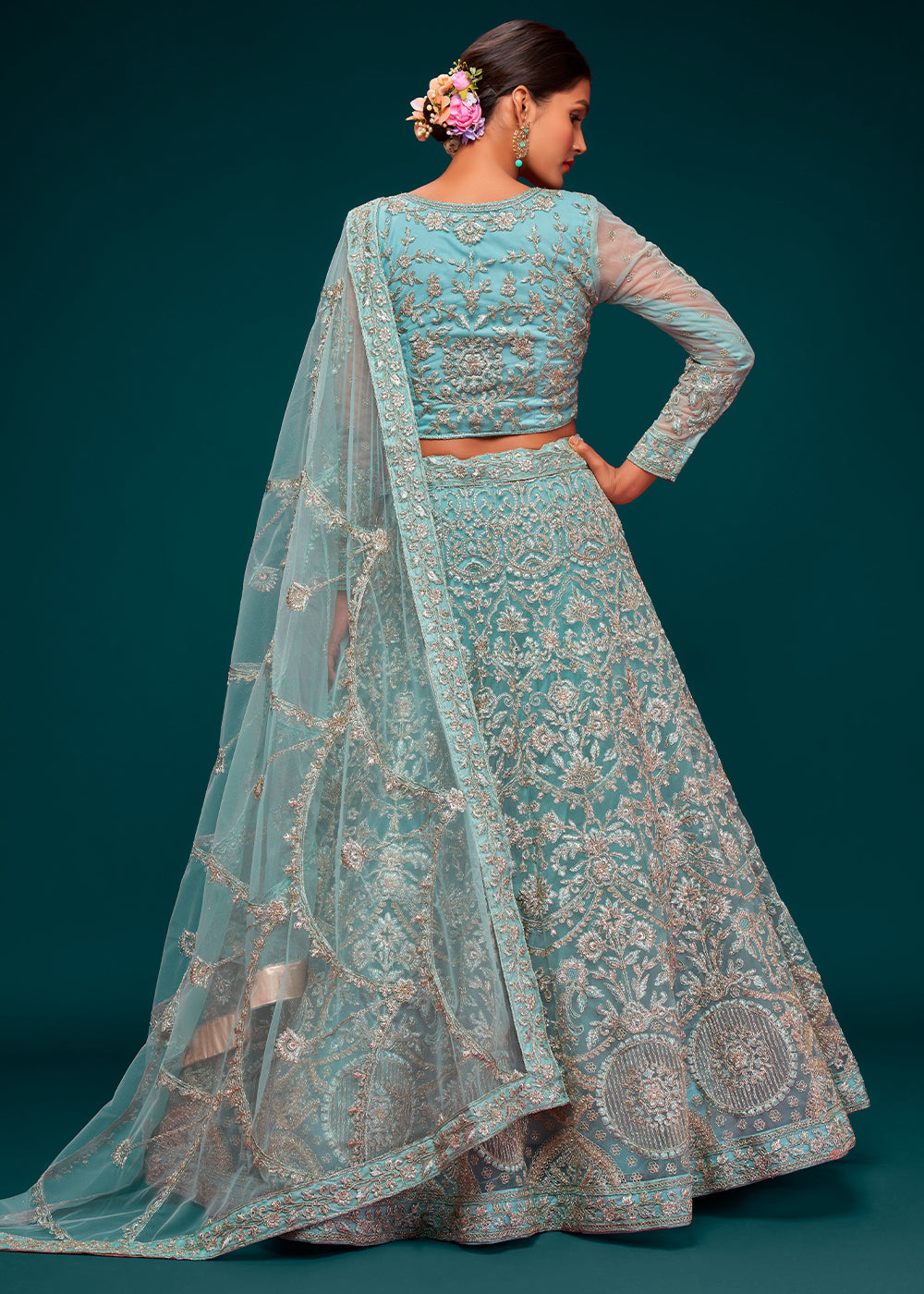 Pacific Blue Soft Net Lehenga Choli with Thread, Zari & Badla work