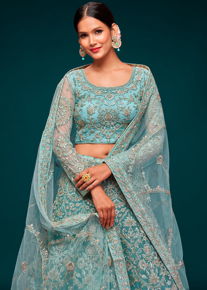 Pacific Blue Soft Net Lehenga Choli with Thread, Zari & Badla work