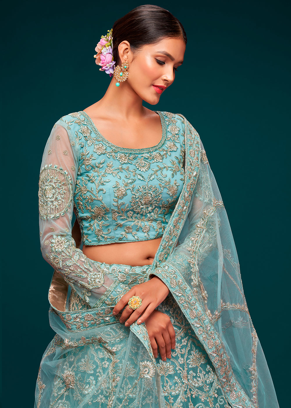 Pacific Blue Soft Net Lehenga Choli with Thread, Zari & Badla work